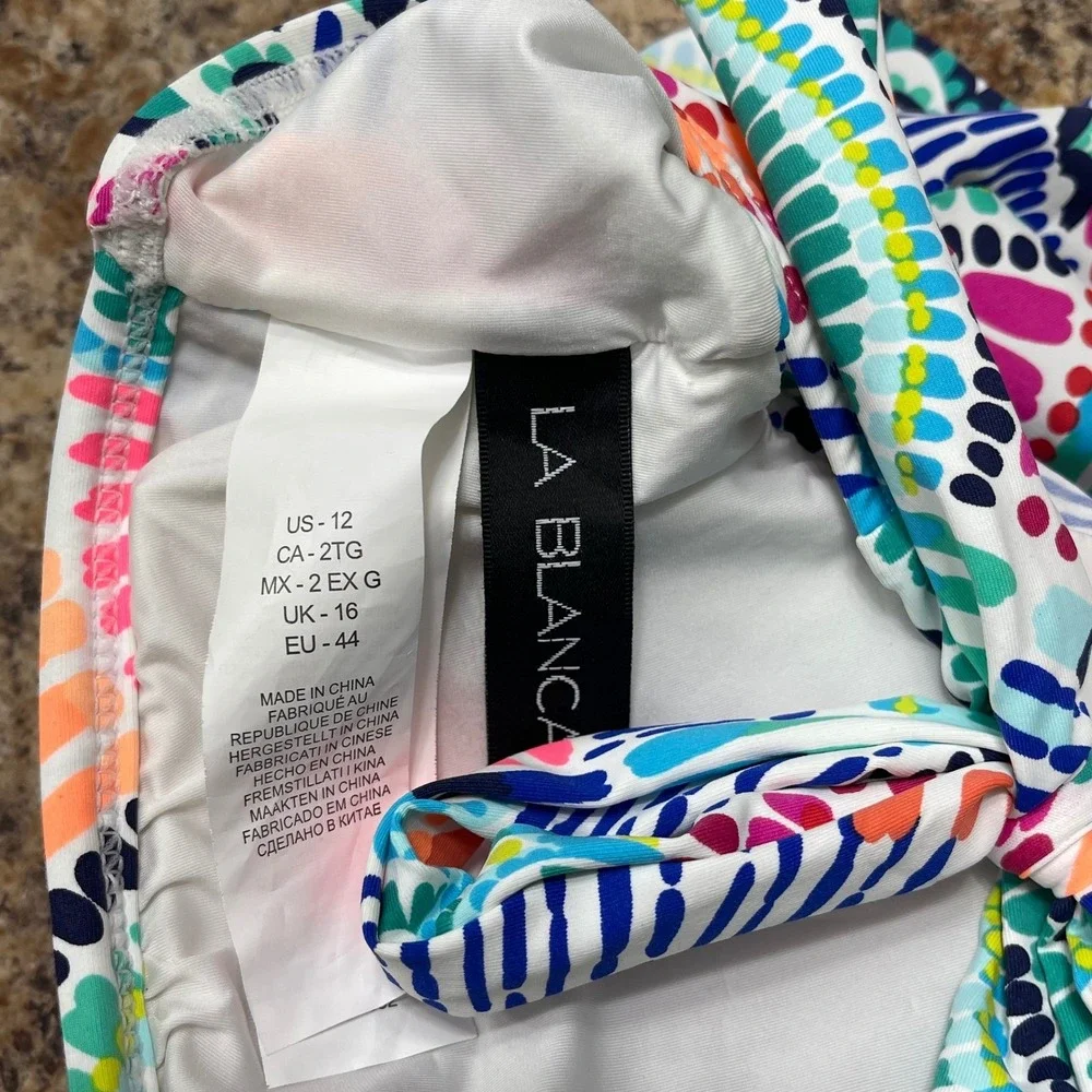 LA BLANCA V-Neck Ruffle Sleeve Bikini‎ Top Tie Back Multi Color Print Size 12
